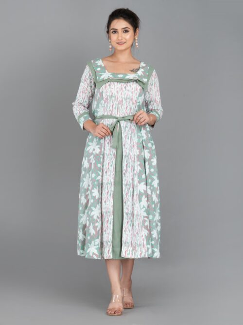 Mint Whisper – Pista Green & White Cotton Fusion Dress with Pockets