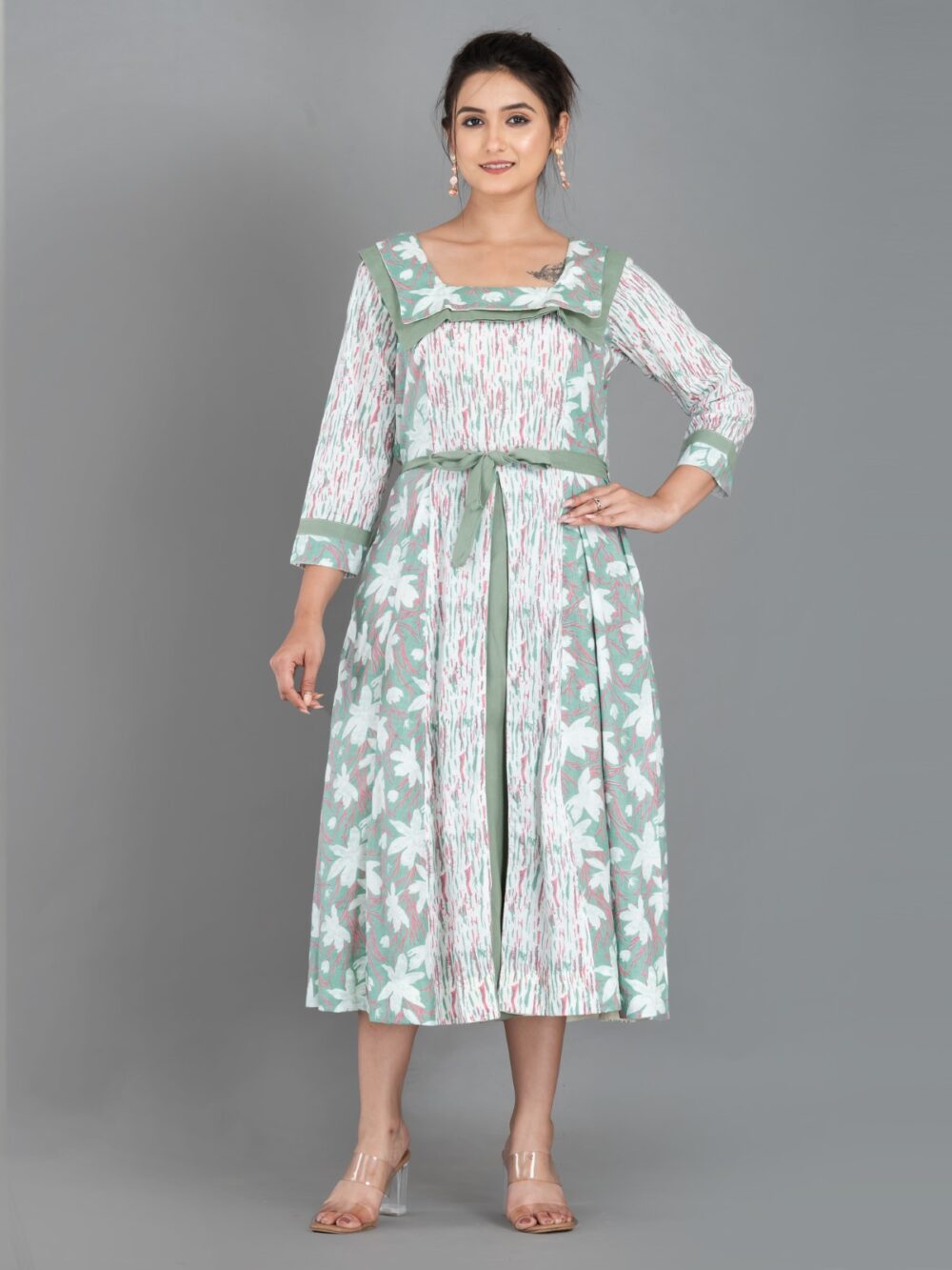 Mint Whisper – Pista Green & White Cotton Fusion Dress with Pockets - Image 3