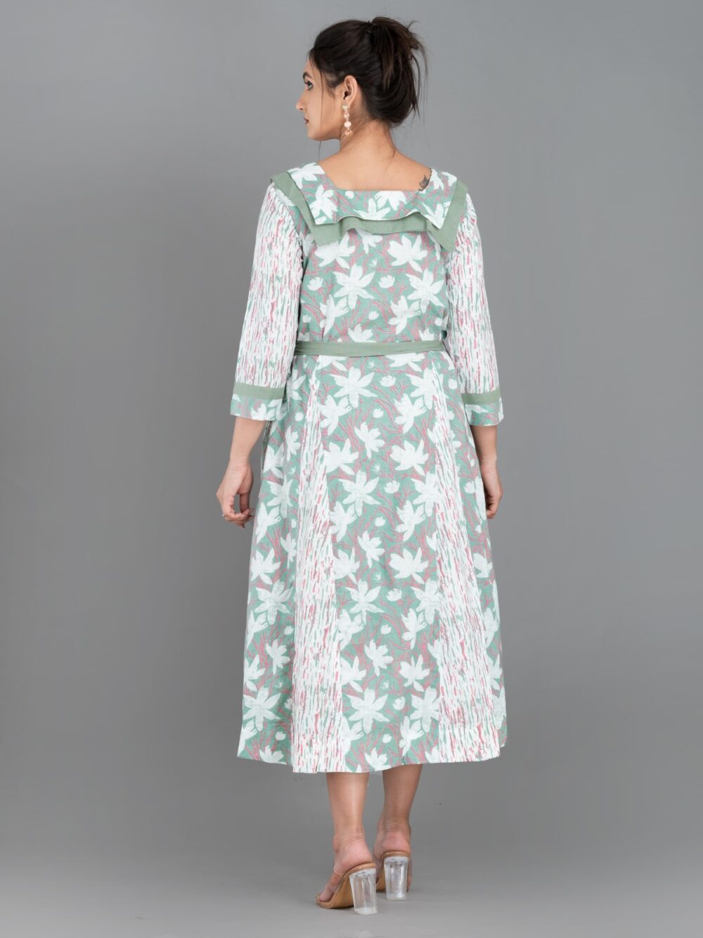 Mint Whisper – Pista Green & White Cotton Fusion Dress with Pockets - Image 2