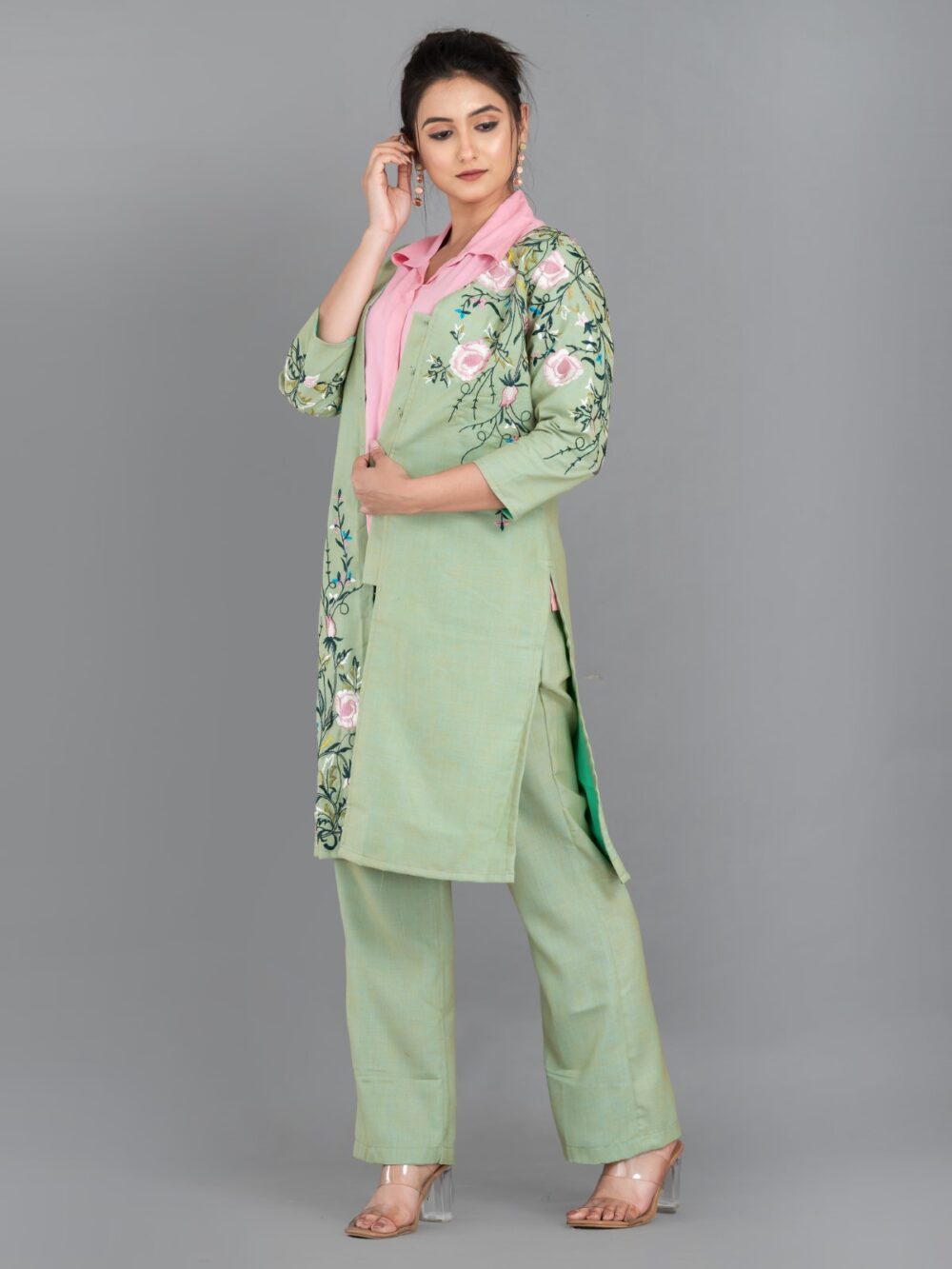 Pista Green and Pink Khadi Cotton Embroidered 3-Piece Coord Set - Image 7