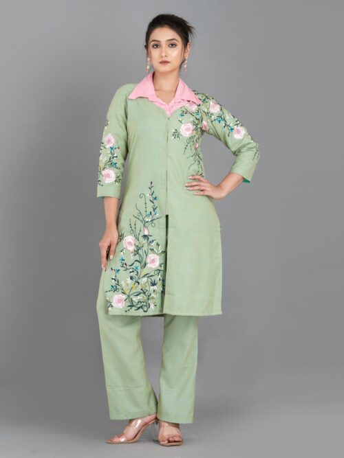 Pista Green and Pink Khadi Cotton Embroidered 3-Piece Coord Set