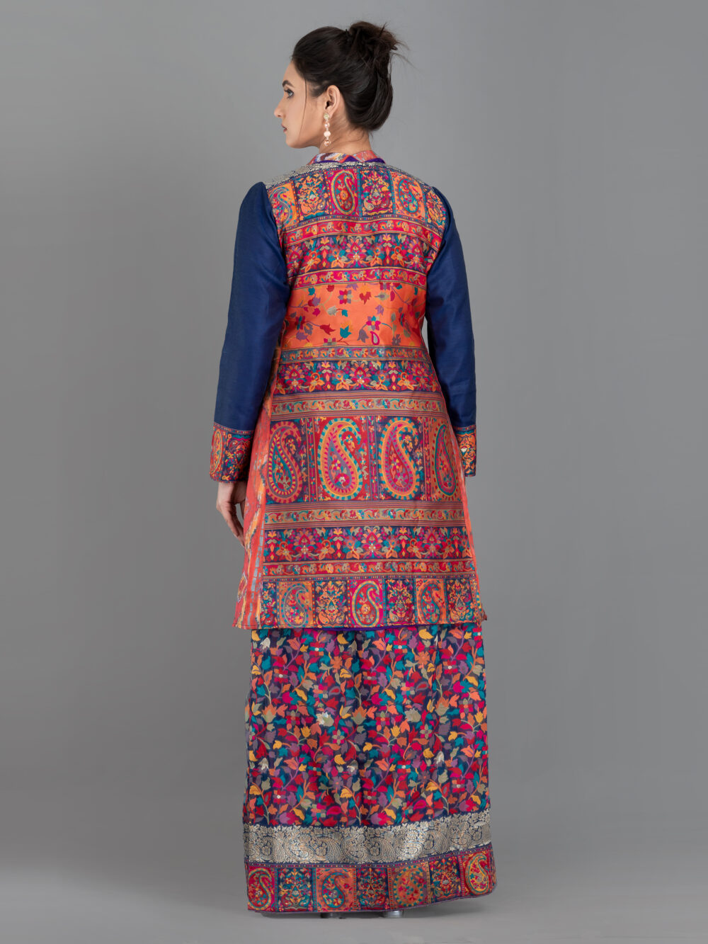 Navy Blue Chanderi Weave Fusion Skirt Jacket Set - Image 2