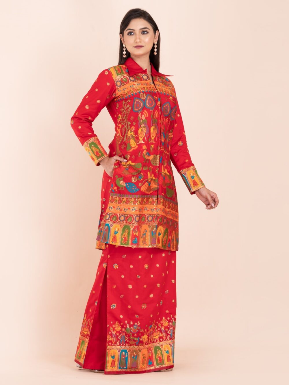 "Laalima Charm" – Tomato Red Baluchori Fusion Ensemble - Image 5