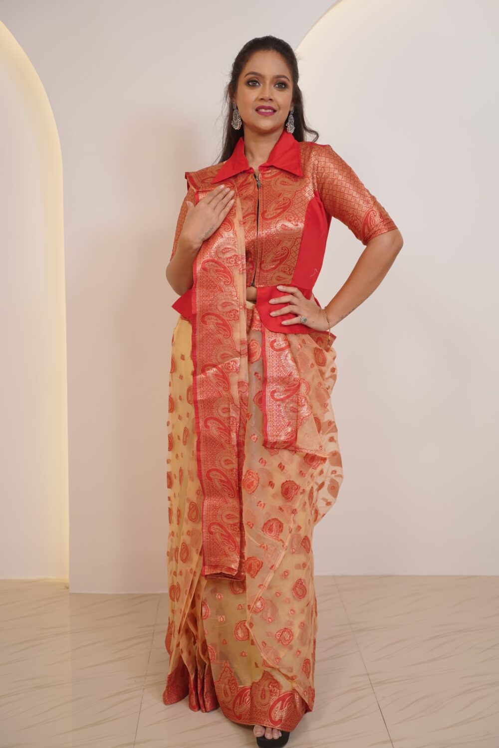 Red and cream Insta-Saree Designer Set