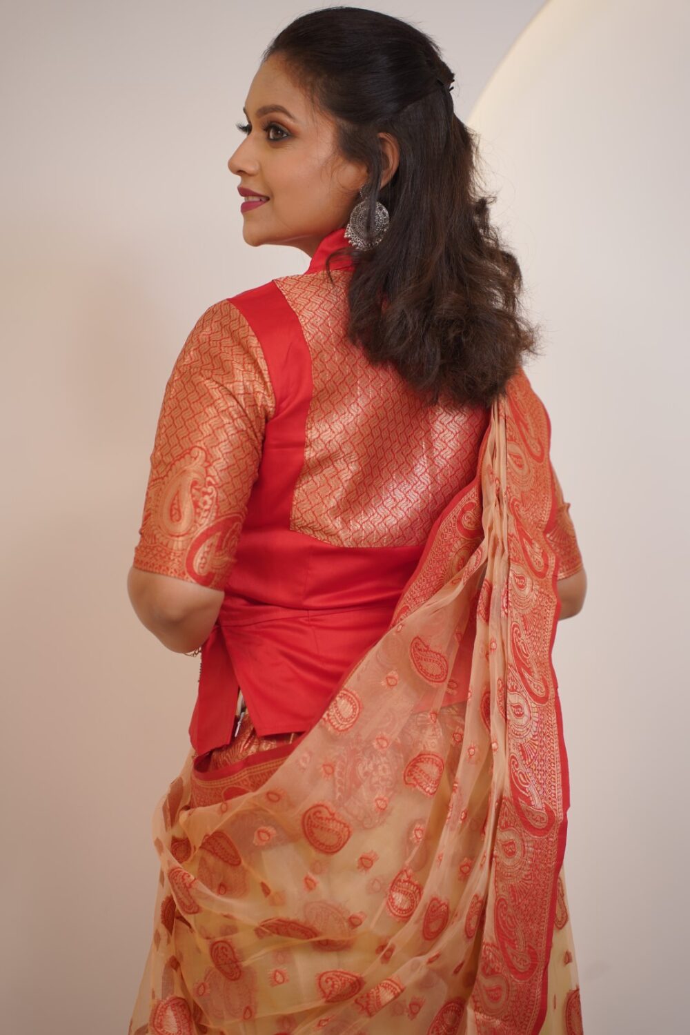 Red and cream Insta-Saree Designer Set - Image 5