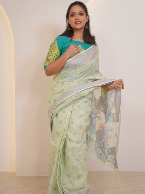Mint Bliss Insta-Saree – Pure Cotton Handwoven Khadi Jamdani with Attached Petticoat (Ready to Wear)