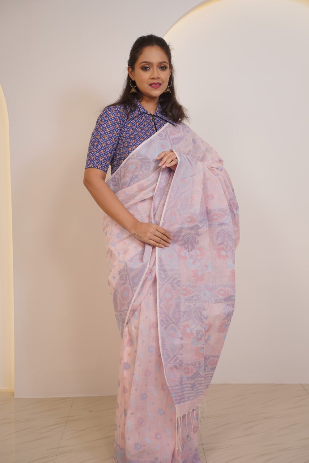 Baby Pink  Insta-Saree – Pure Cotton Handwoven Khadi Jamdani with Attached Petticoat (Ready to Wear)