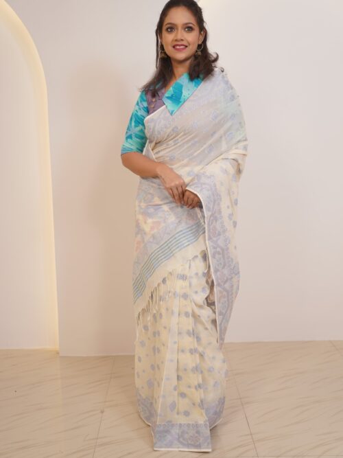 Off White  Insta-Saree – Pure Cotton Handwoven Khadi Jamdani with Attached Petticoa