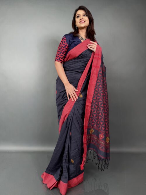 Raatrani Raga – Handloom Insta-Saree in Red border and nevi blue body