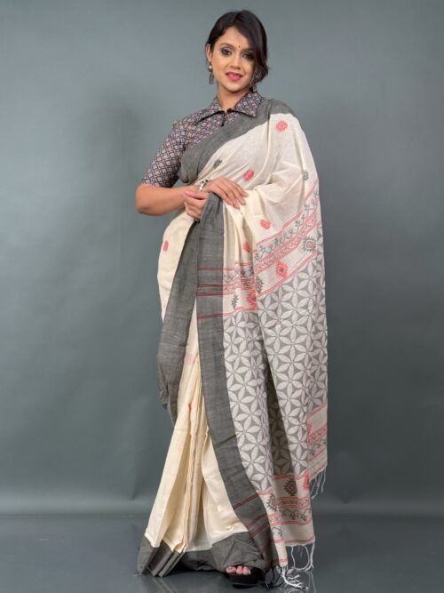 Shwet-Kaala – Off-White Handloom Khadi Insta-Saree with Black Border & Buti Weave