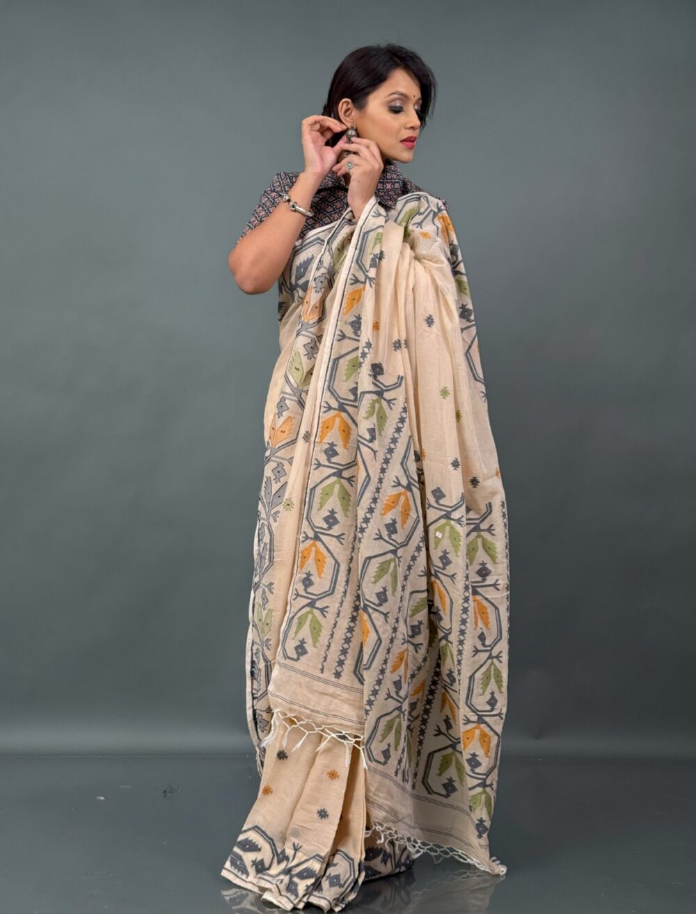 Kshir-Taru – Cream Khadi Insta-Saree with Mustard, Green & Grey Buti Weaving