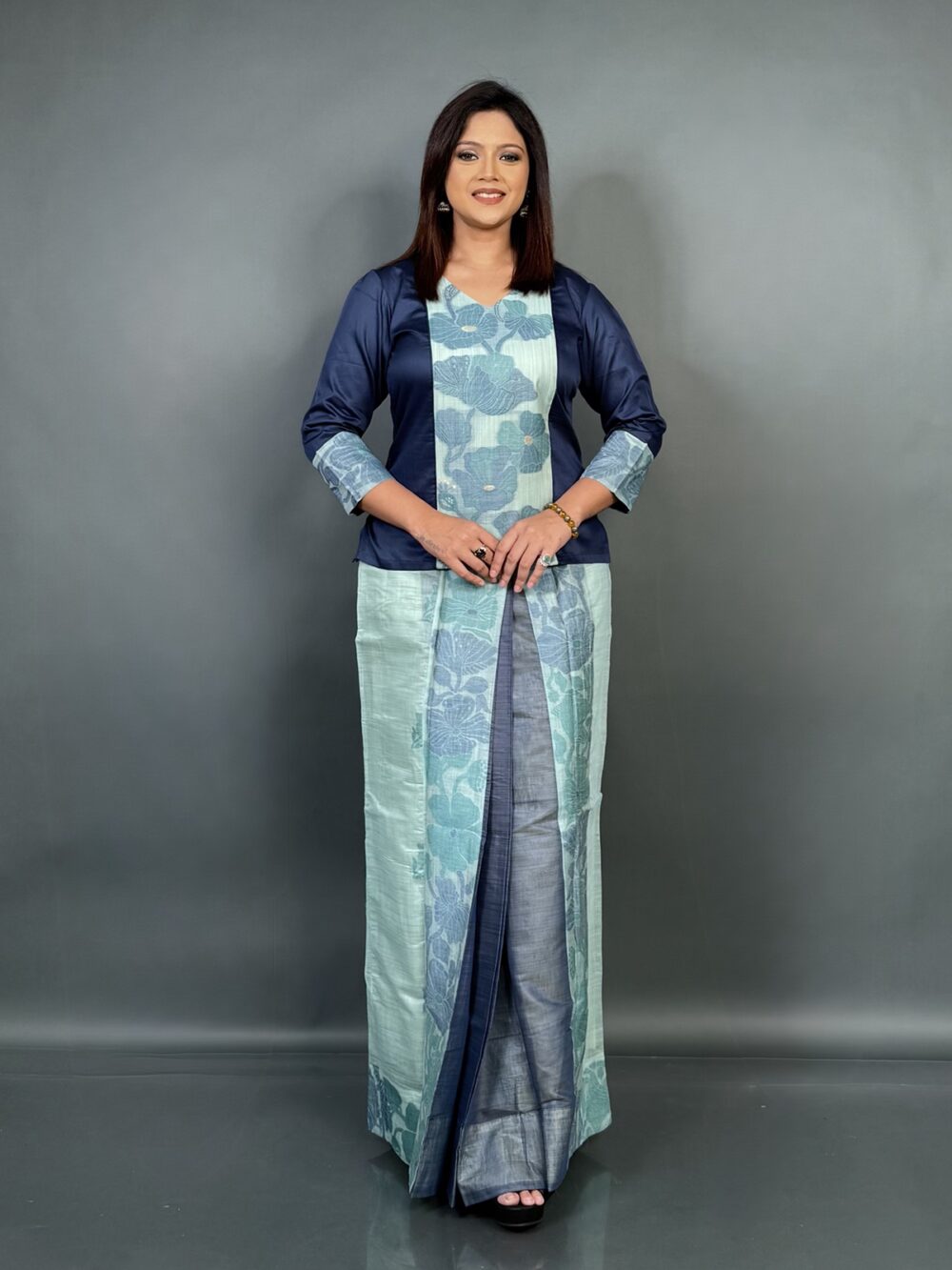 Summer Bloom–Mint Cotton Tussar Fusion Dress with Hand Weaving - Image 4
