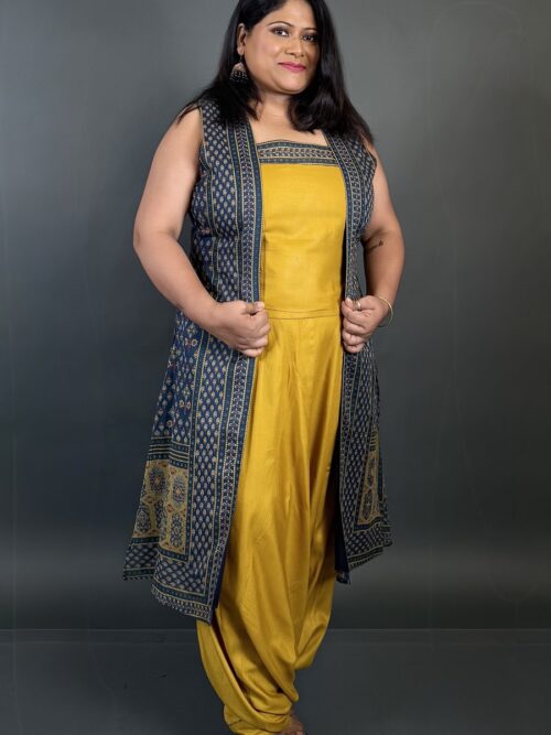 Bohonic Fusion Dress Mustard Yellow & Cobalt Blue Ajrakh Print