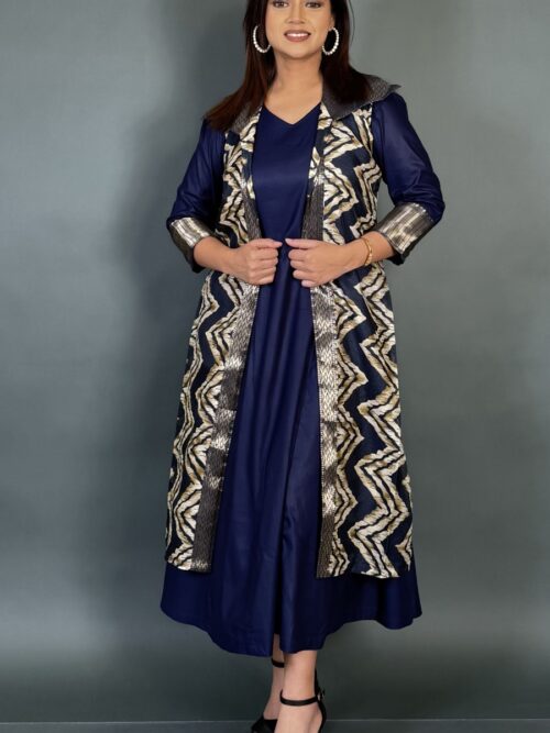 Zigzag Charm Navy Blue & Beige Indo-Western Dress