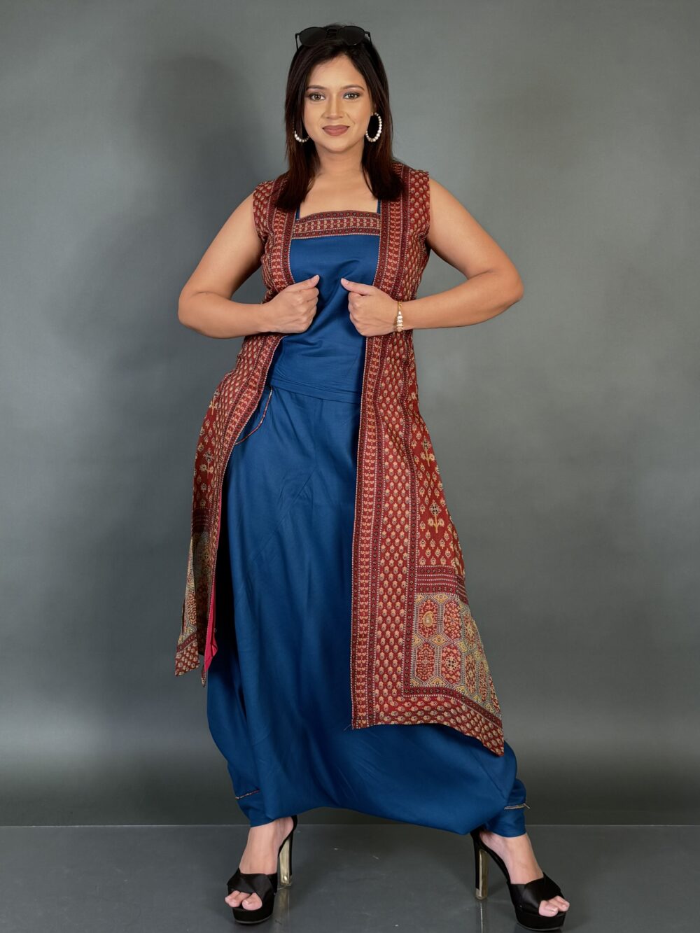 Maroon Jacket-Top & Navy Bohonic Pant Set with Pockets