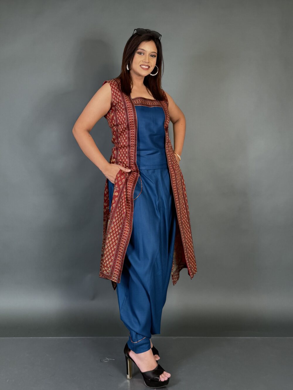 Maroon Jacket-Top & Navy Bohonic Pant Set with Pockets - Image 2