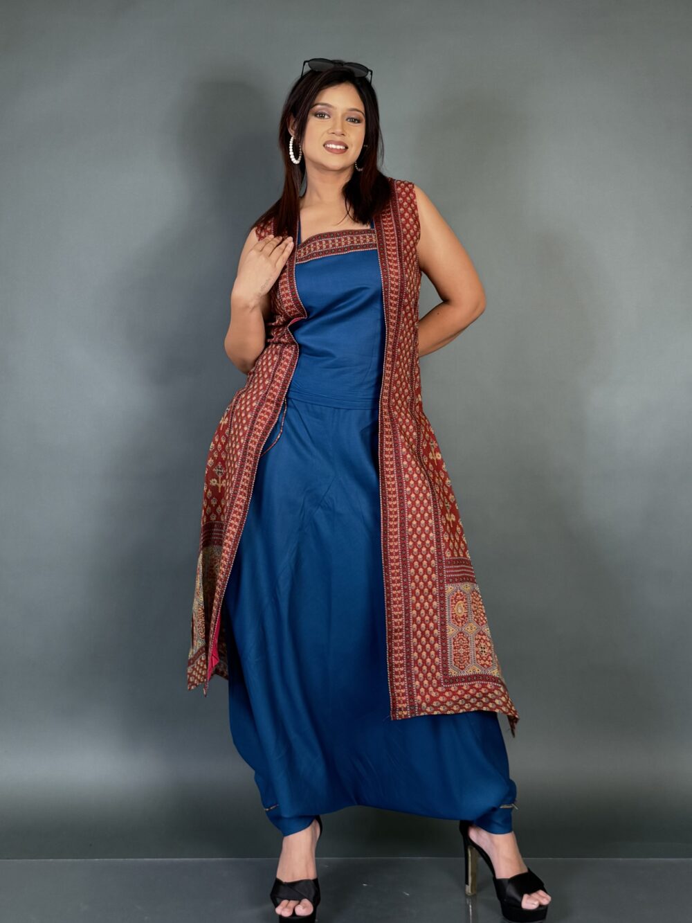 Maroon Jacket-Top & Navy Bohonic Pant Set with Pockets - Image 4