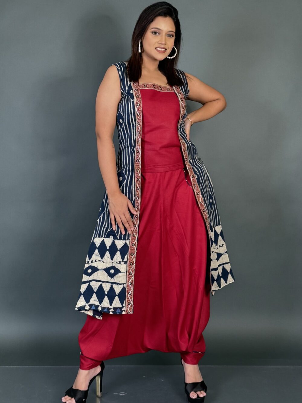 Maroon & Blue Printed Jacket-Top + Bohonic Pant Set