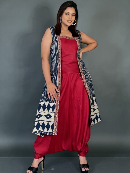 Maroon & Blue Printed Jacket-Top + Bohonic Pant Set