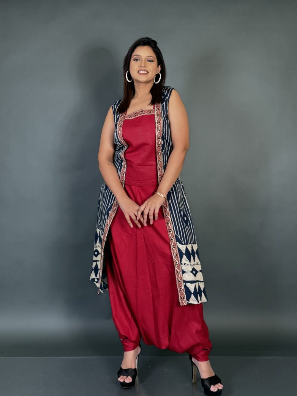 Maroon & Blue Printed Jacket-Top + Bohonic Pant Set - Image 2