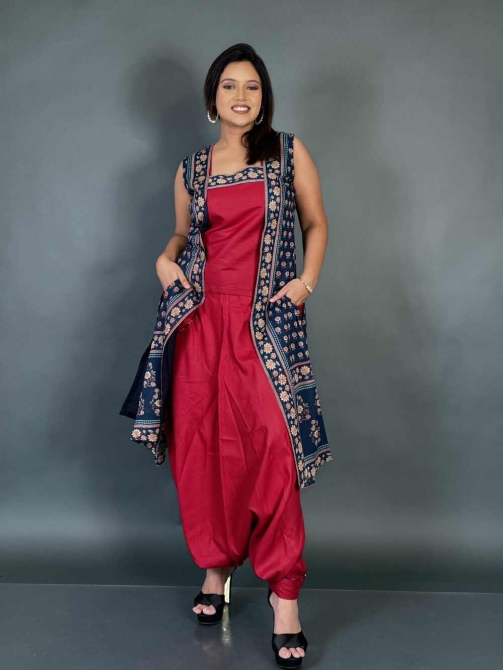 Asymmetrical Indo-Western Set with Printed Jacket