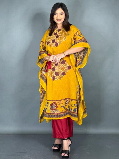 Chic Maroon Co-Ord Set with Yellow & Multicolour Kaftan