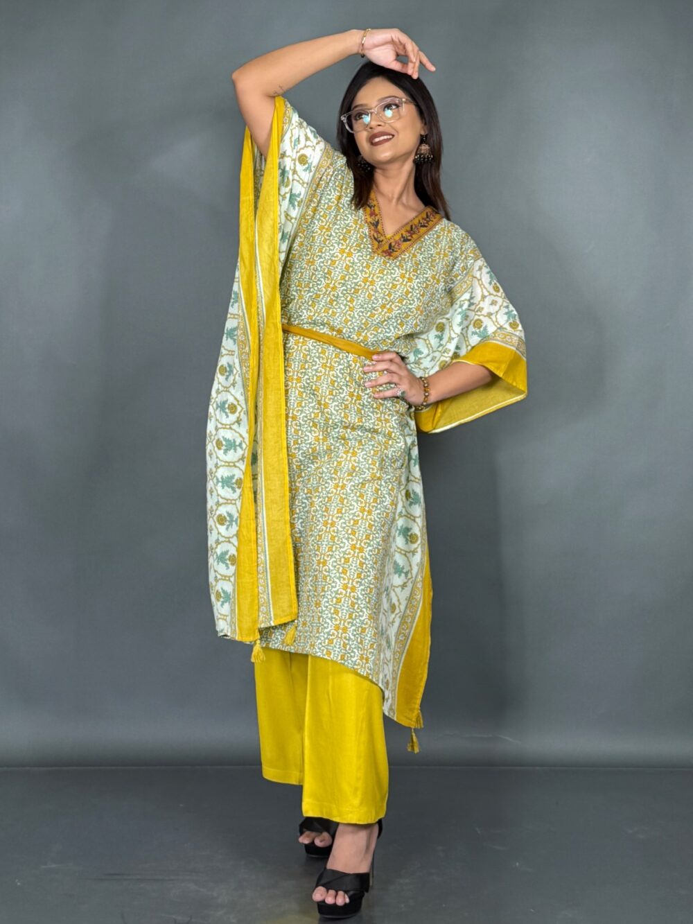 Vibrant Yellow Co-Ord Set with Multicolour Kaftan