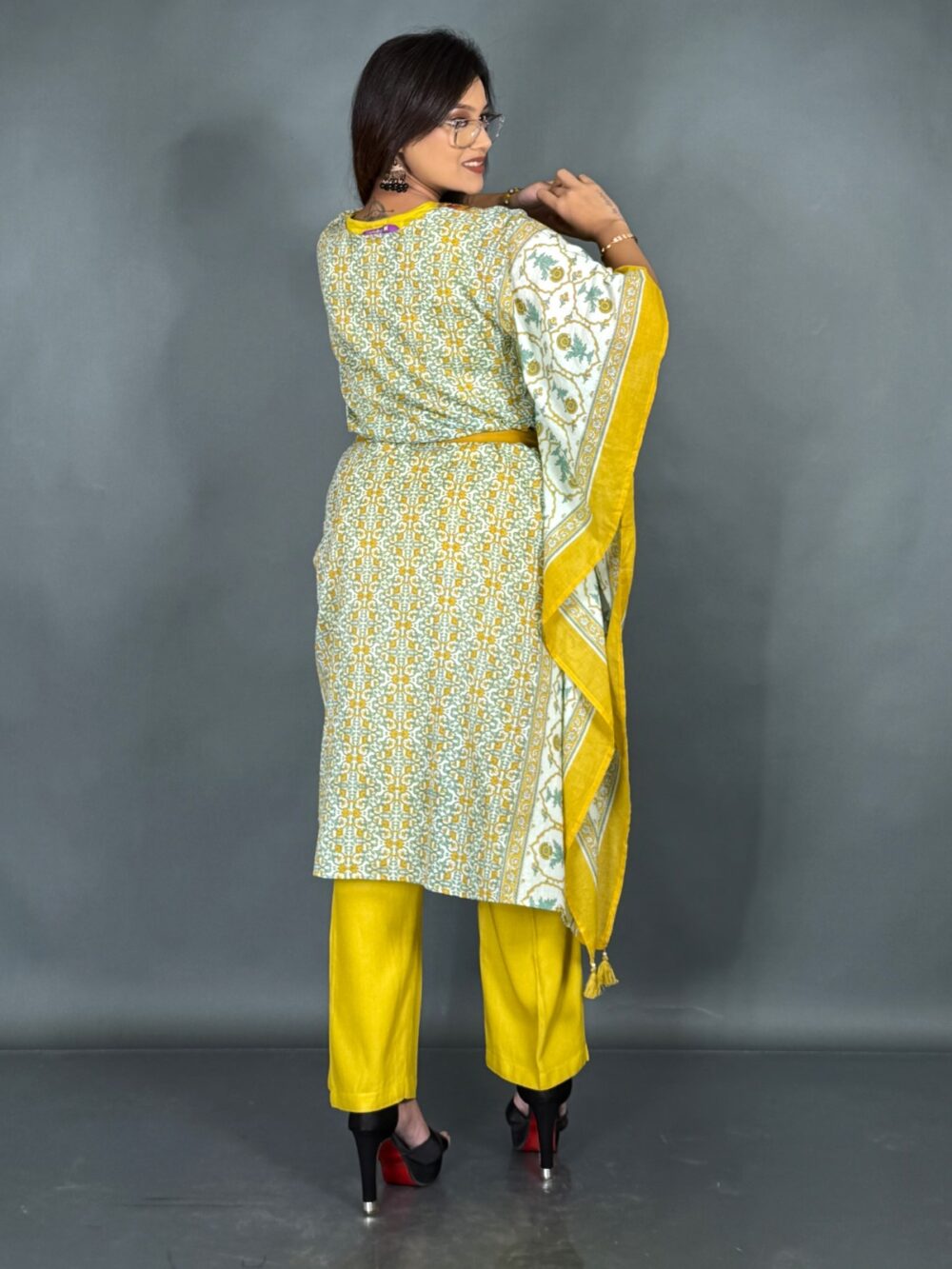 Vibrant Yellow Co-Ord Set with Multicolour Kaftan - Image 2