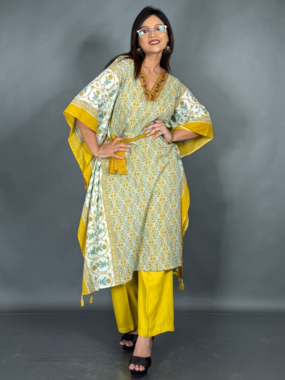 Vibrant Yellow Co-Ord Set with Multicolour Kaftan - Image 3