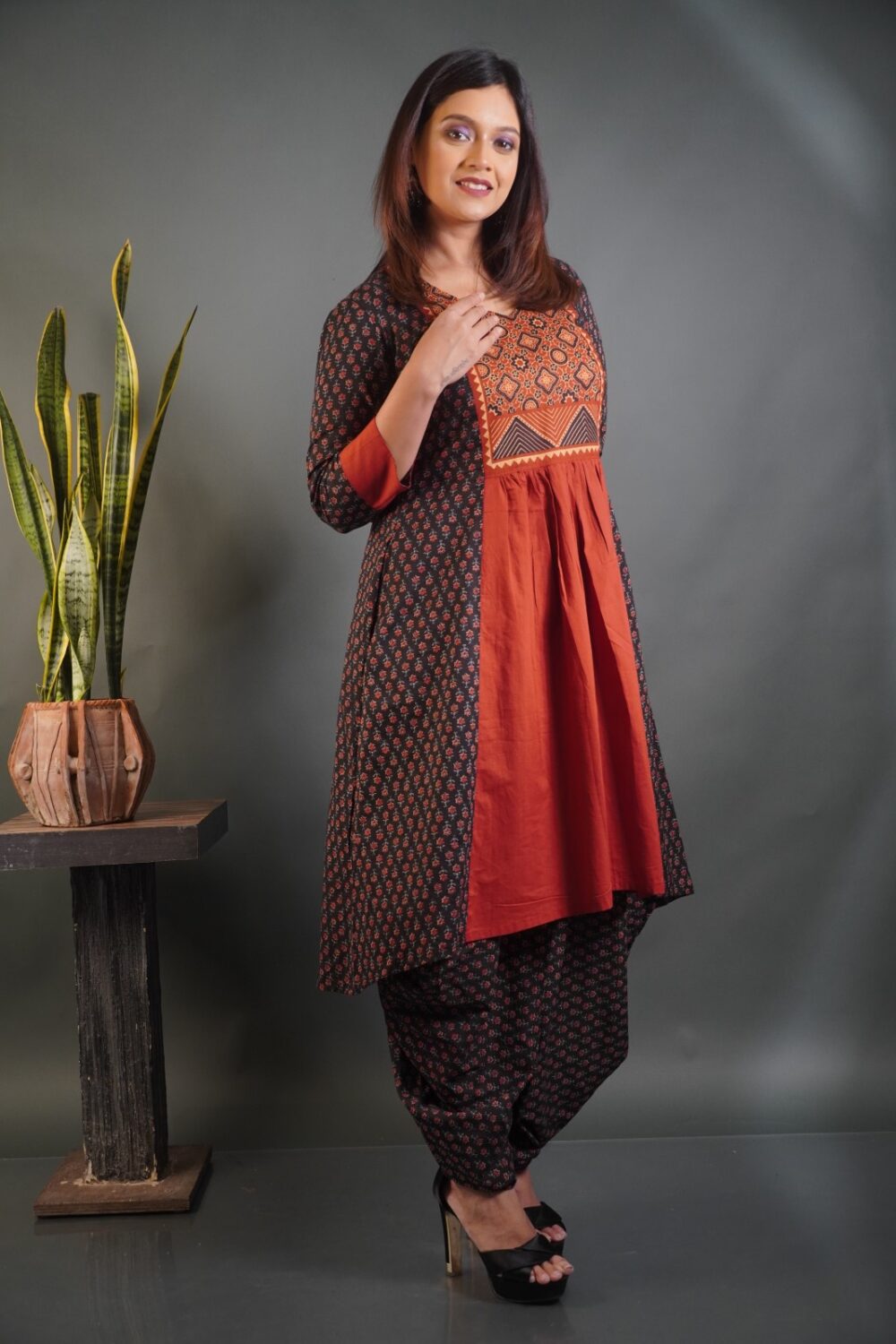 Bold Elegance Ajrakh‑Print Tussar Satin Dhoti Frock Set