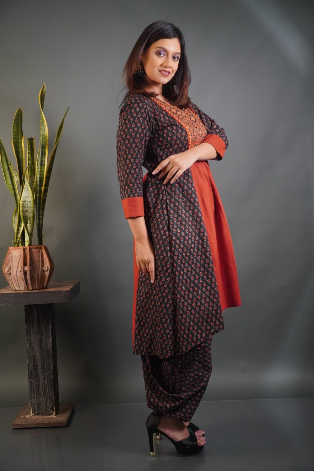 Bold Elegance Ajrakh‑Print Tussar Satin Dhoti Frock Set - Image 2