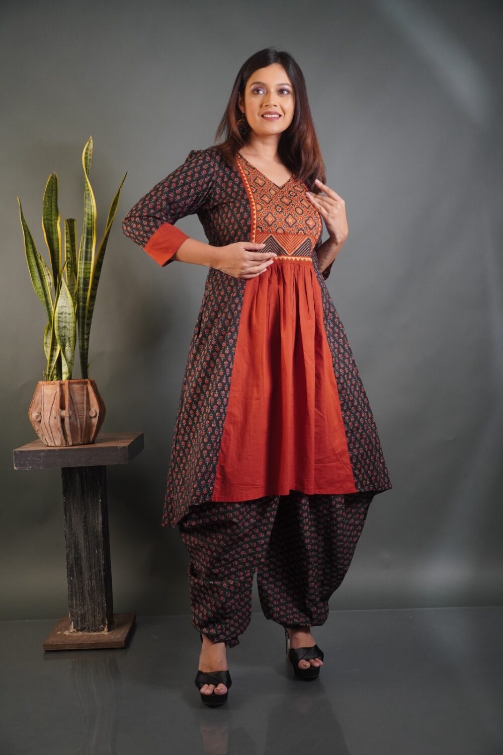 Bold Elegance Ajrakh‑Print Tussar Satin Dhoti Frock Set - Image 3