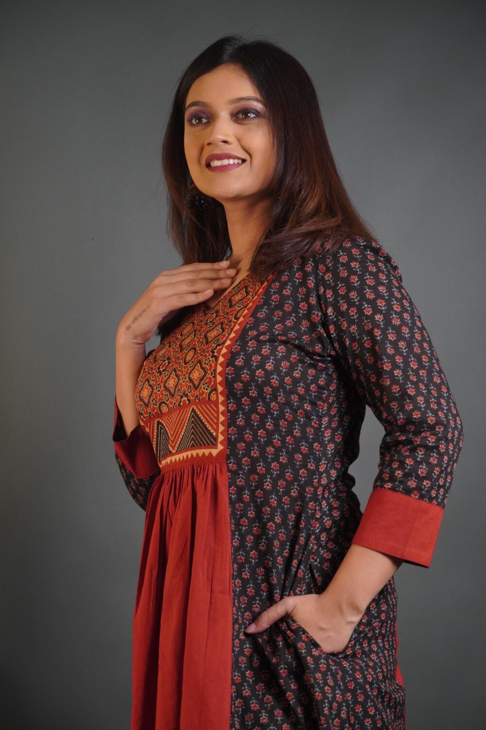 Bold Elegance Ajrakh‑Print Tussar Satin Dhoti Frock Set - Image 4