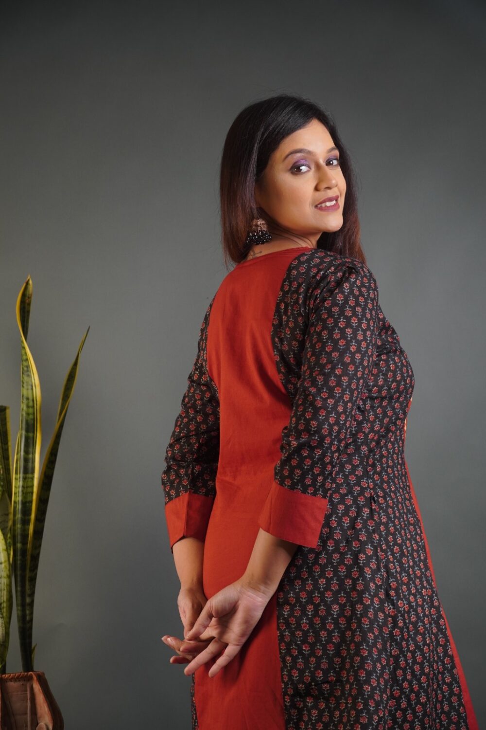 Bold Elegance Ajrakh‑Print Tussar Satin Dhoti Frock Set - Image 5