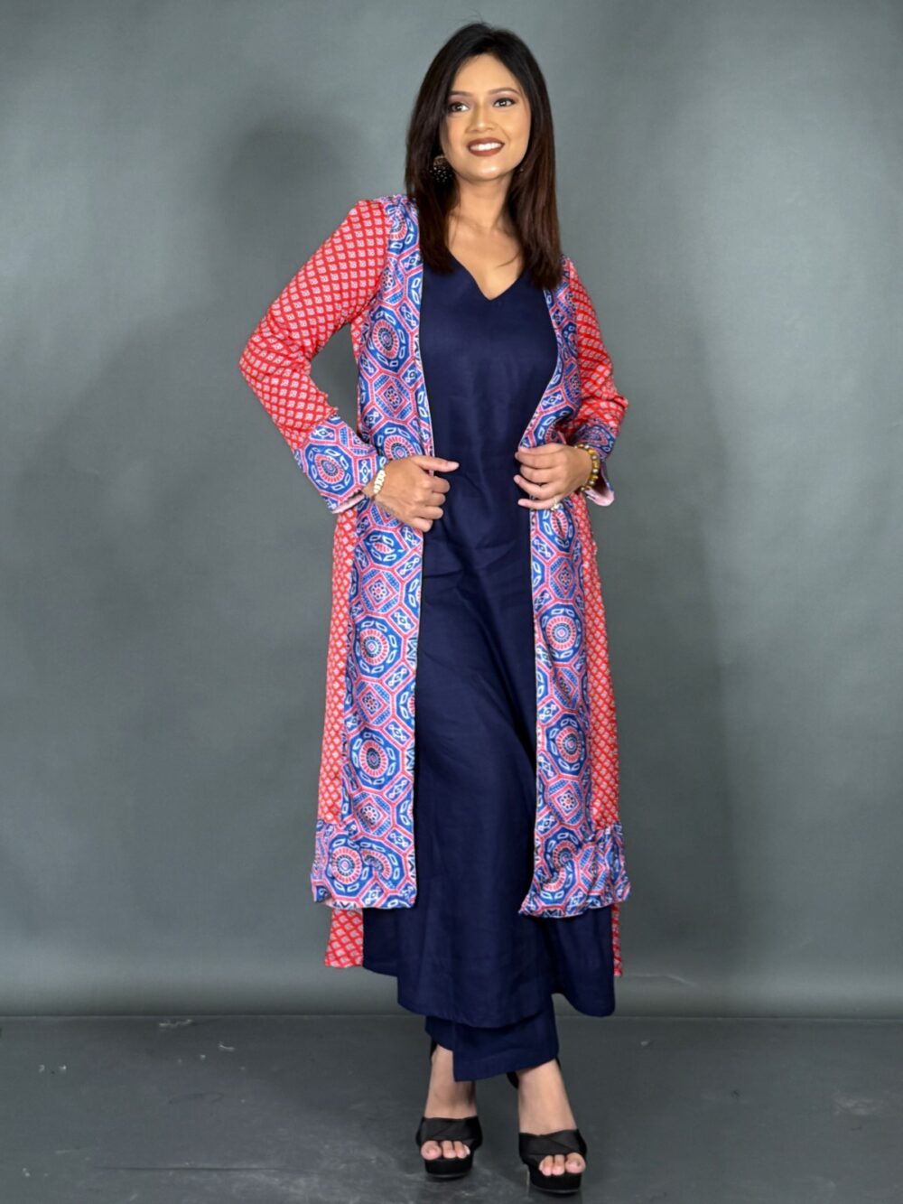 Midnight Charm: Navy Co-Ord Set with Statement Red Jacket