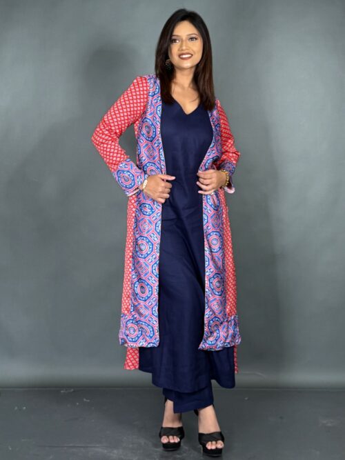 Midnight Charm: Navy Co-Ord Set with Statement Red Jacket