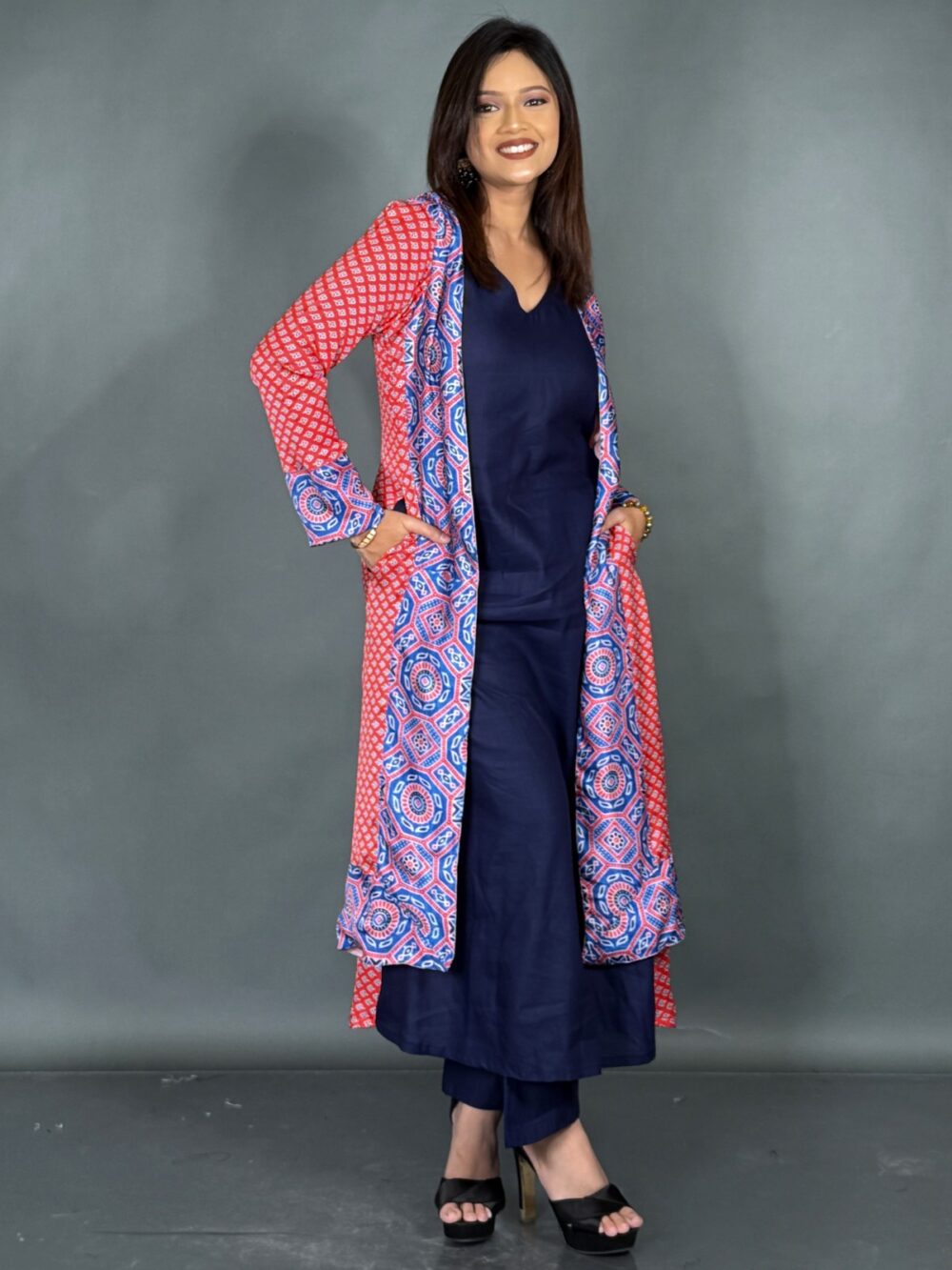 Midnight Charm: Navy Co-Ord Set with Statement Red Jacket - Image 3