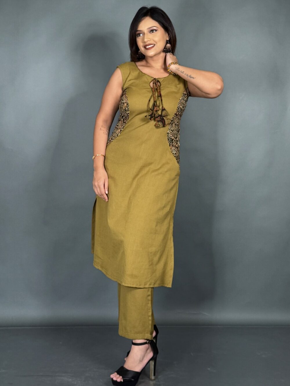Elegant Mud Mustard Khadi Co-Ord Set - Image 2