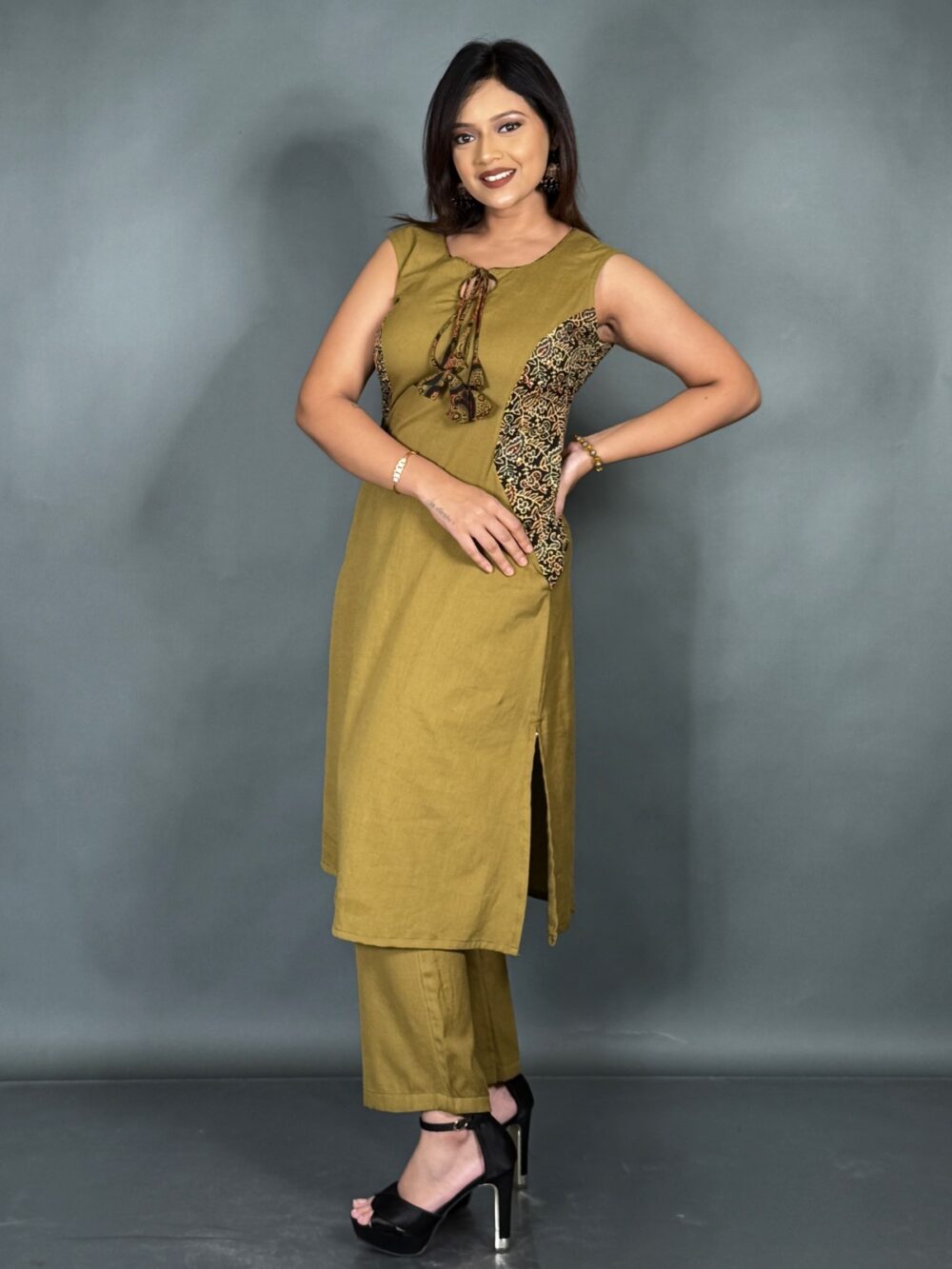 Elegant Mud Mustard Khadi Co-Ord Set - Image 3