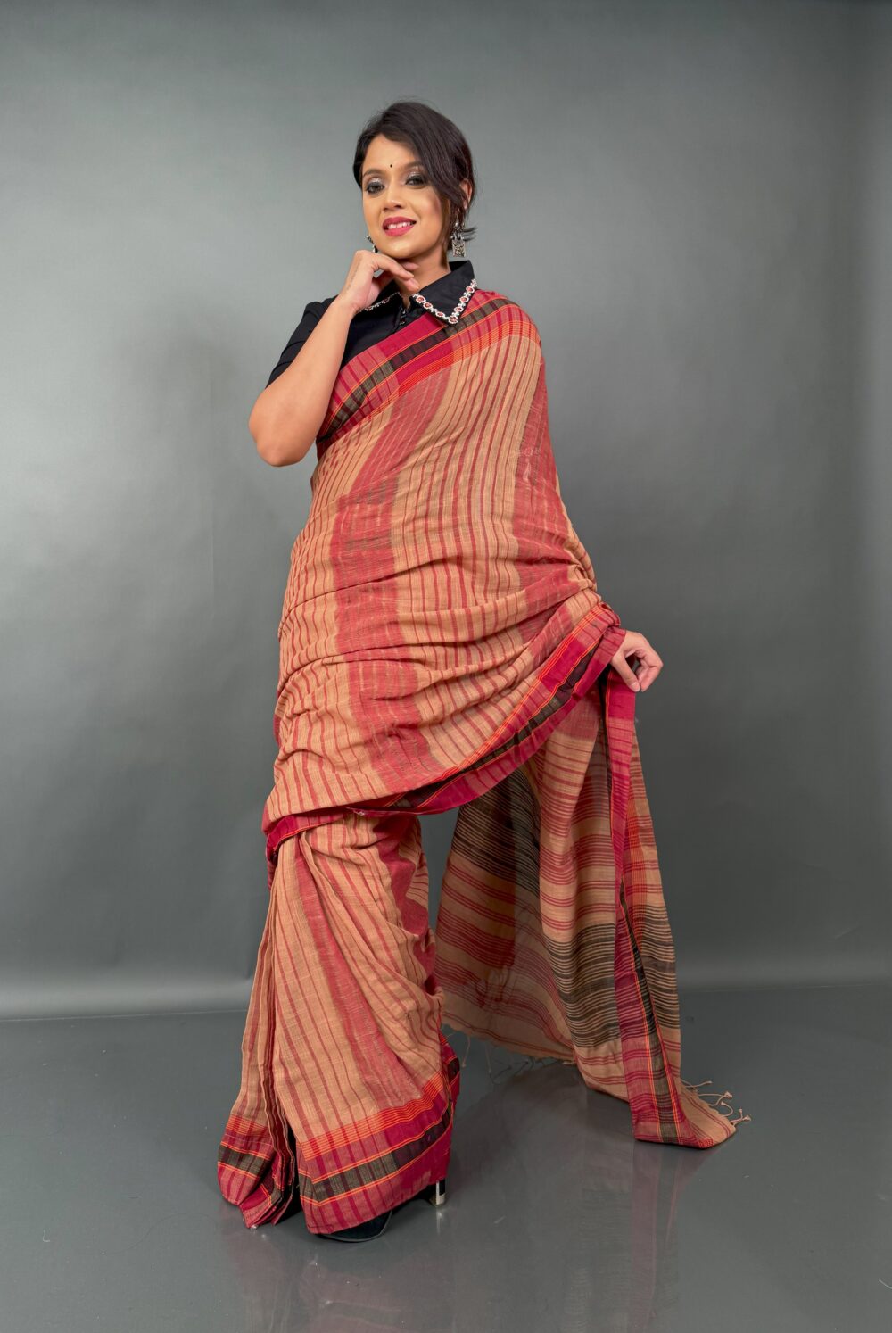 Aamros – Peach & Maroon Handloom Insta-Saree with Gamcha Stripes