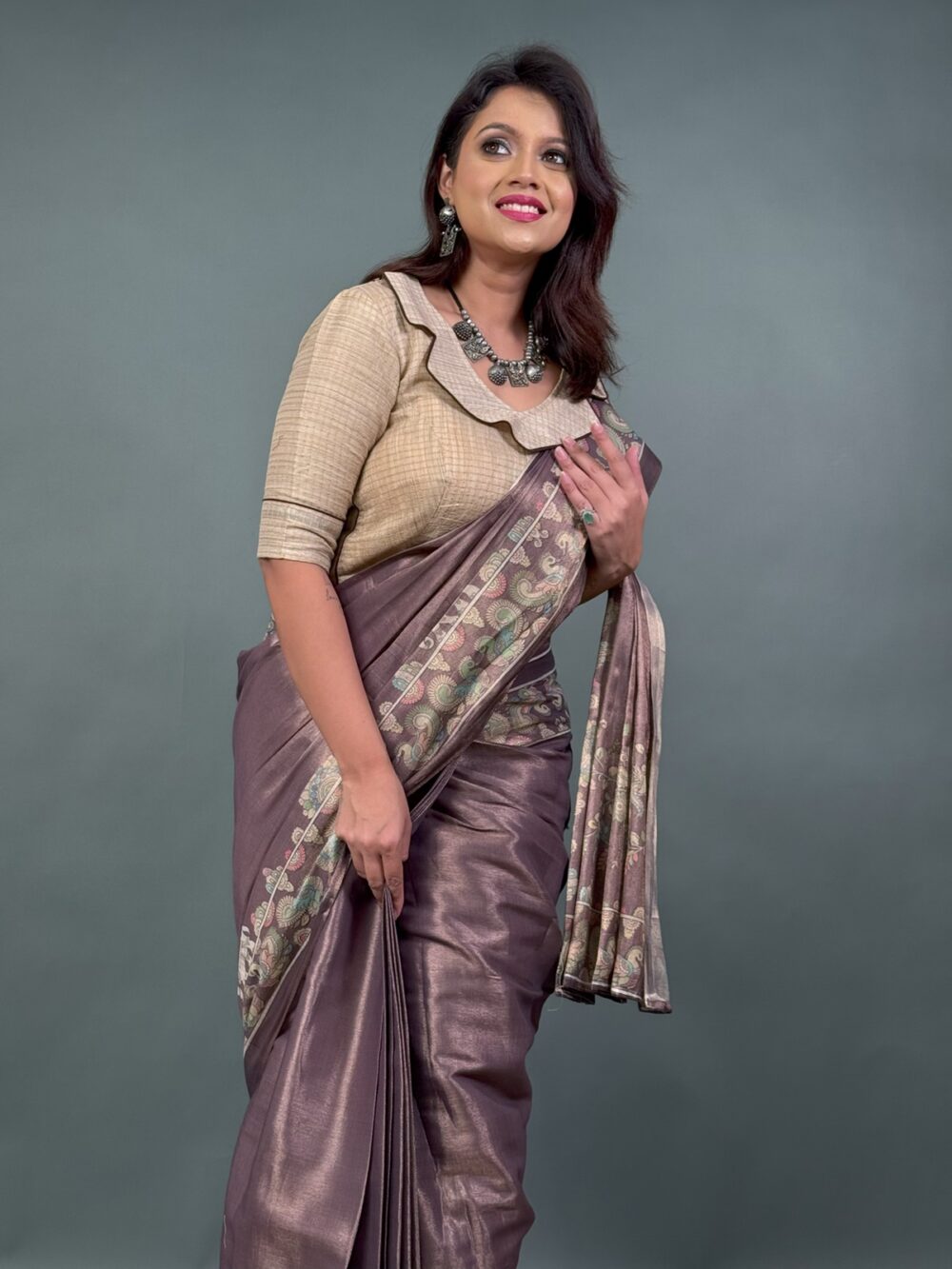 The Copper Glow Printed Ready-to-Wear Tissue Tussar Saree