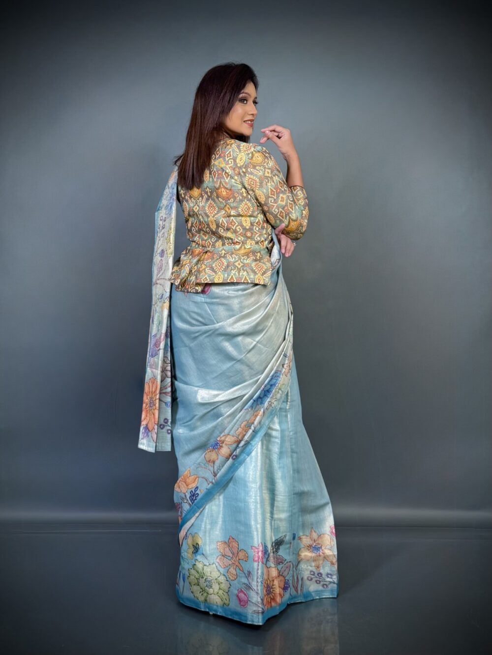 Blue Bloom Effortless Tissue Tussar Ready to wear Saree - Image 4