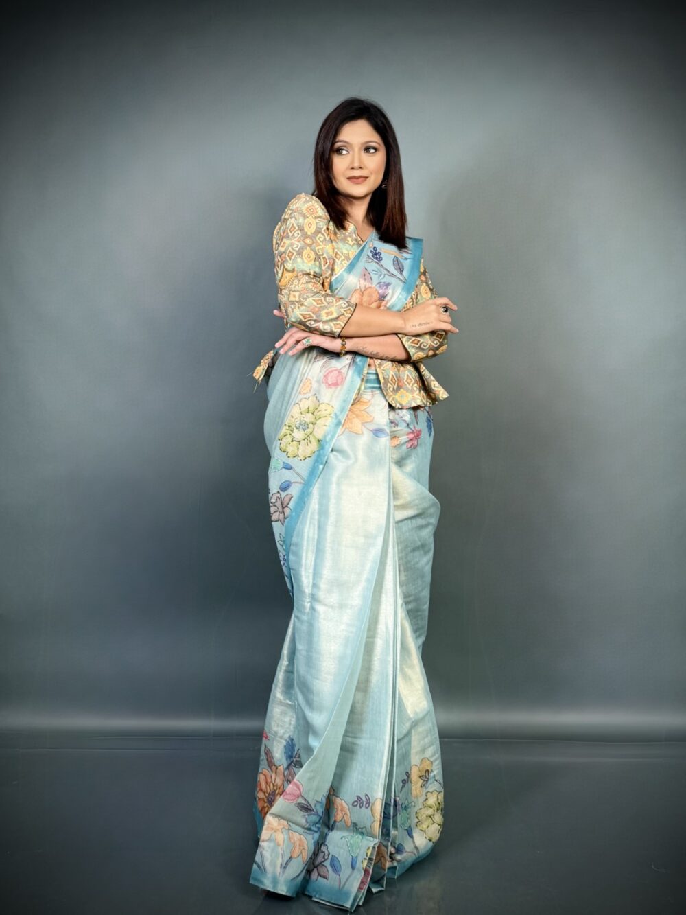 Blue Bloom Effortless Tissue Tussar Ready to wear Saree - Image 3