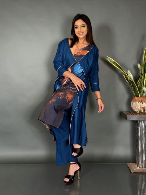 Peacock Blue Muslin Co-Ord Set with Artistic Print