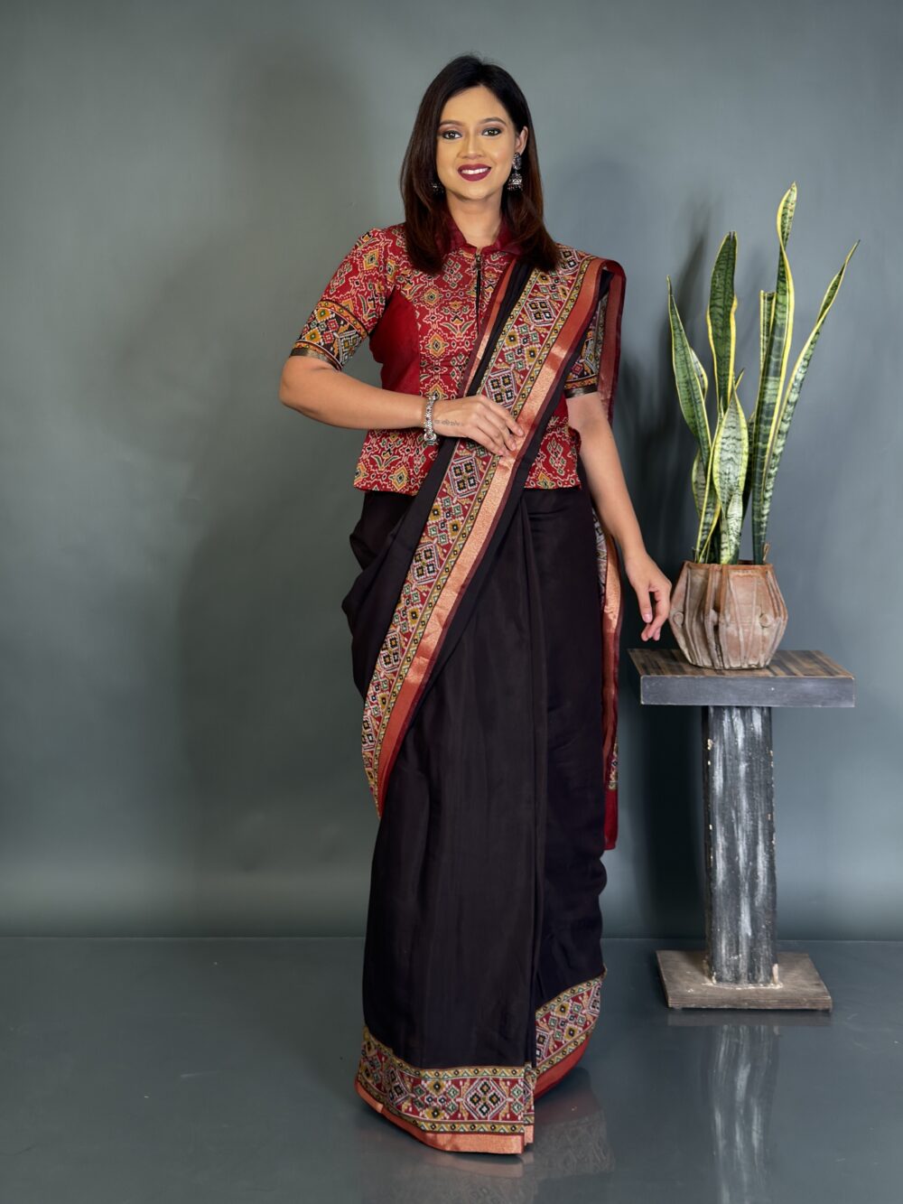ChicPatola Maroon & Black Chanderi Saree