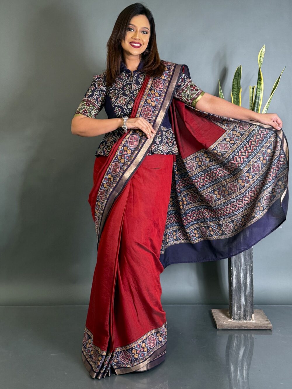 Elegance Redefined Maroon & Blue Patola Print Ready to wear Saree - Image 2