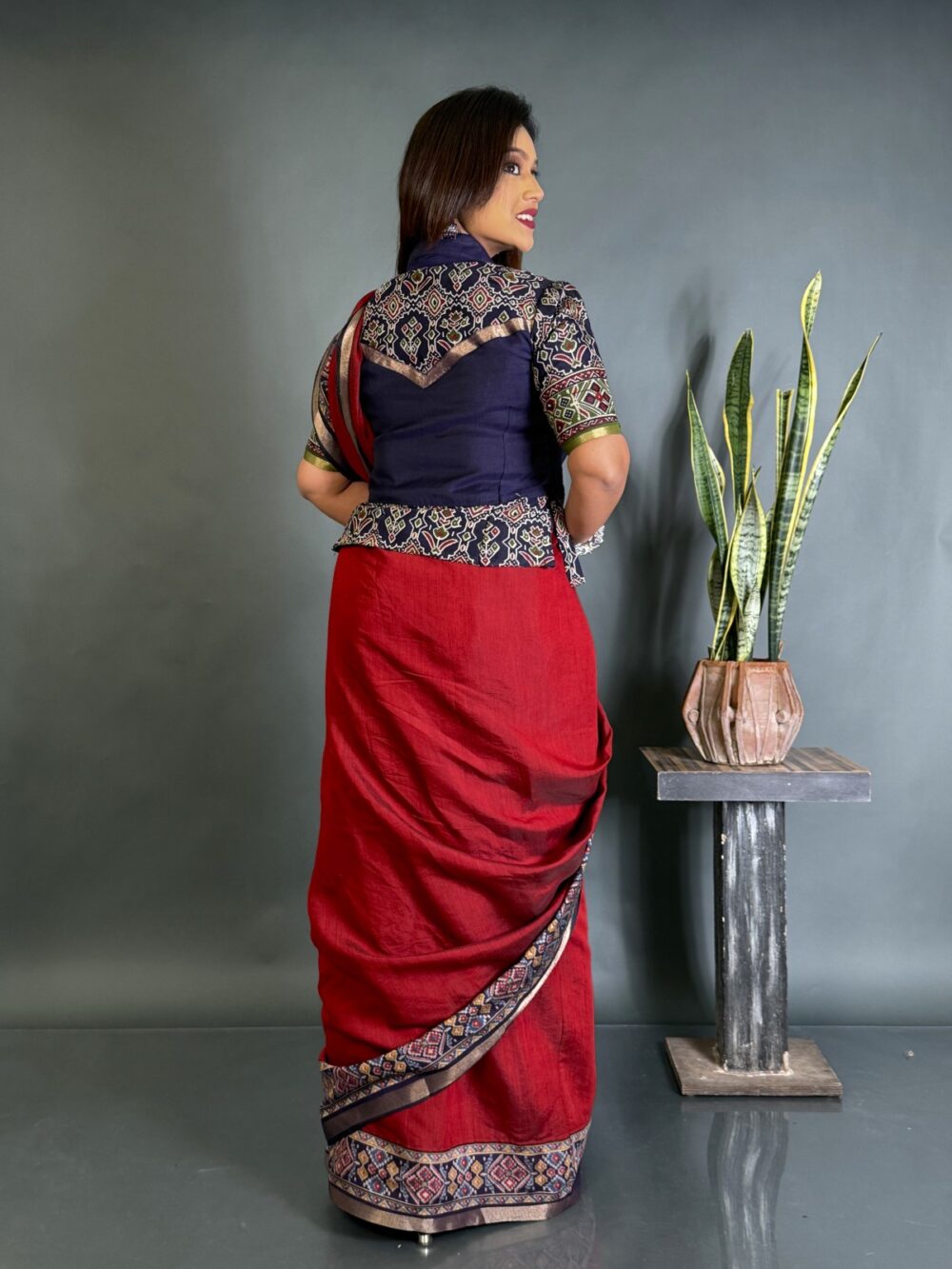 Elegance Redefined Maroon & Blue Patola Print Ready to wear Saree - Image 4