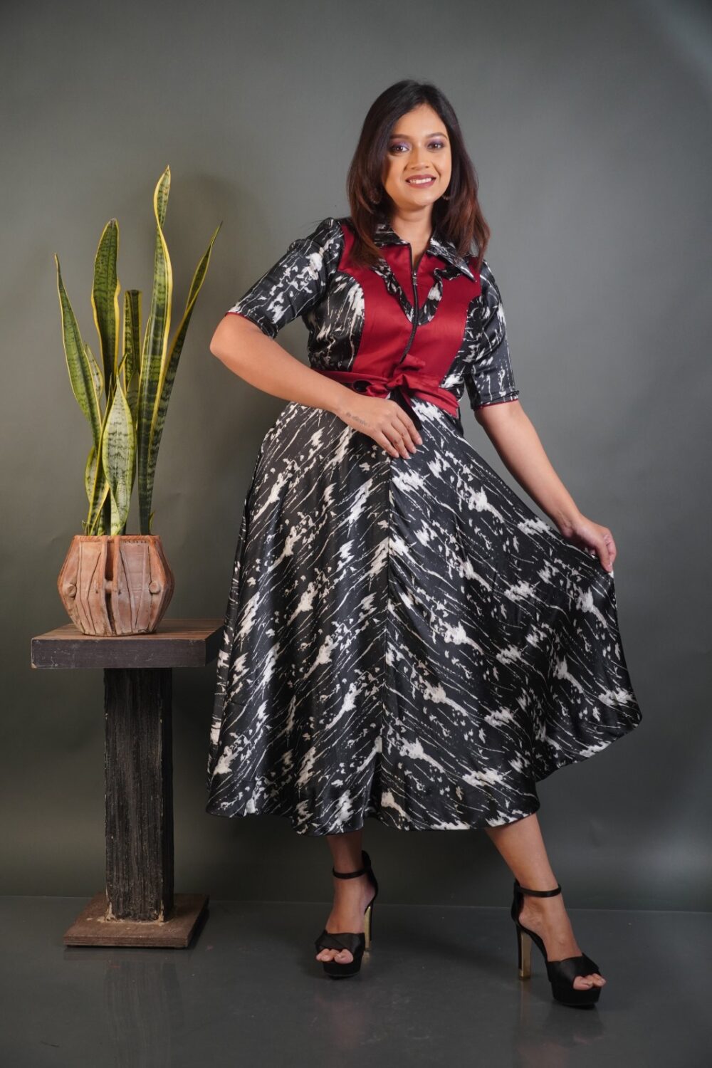 Regal Noir Maroon Indo-Western Satin Dress - Image 2