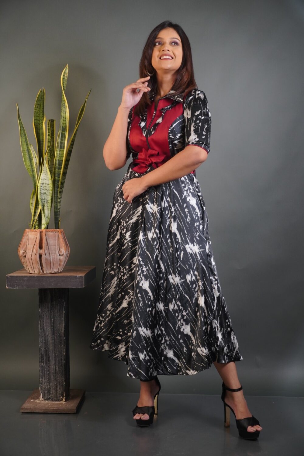 Regal Noir Maroon Indo-Western Satin Dress