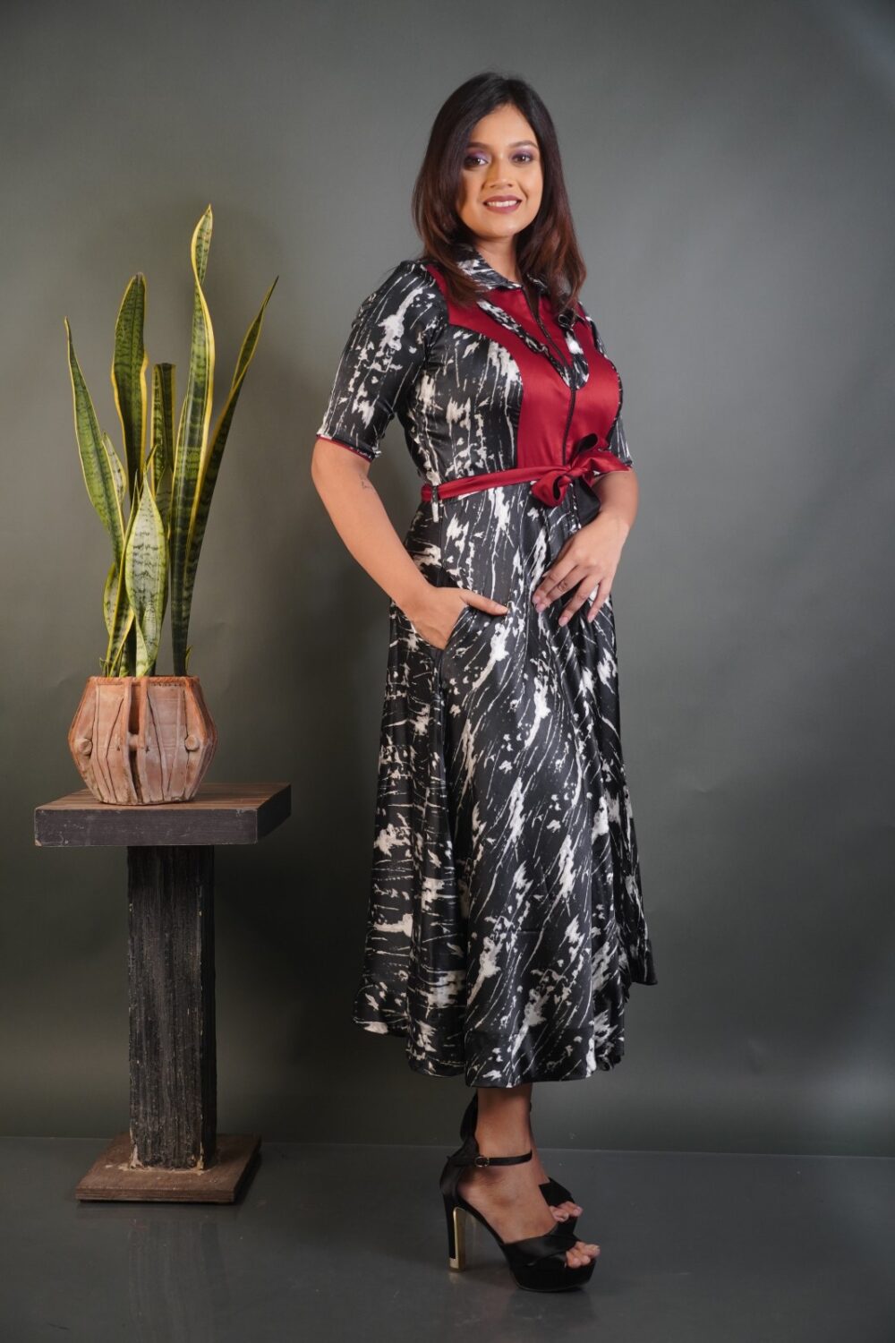 Regal Noir Maroon Indo-Western Satin Dress - Image 3